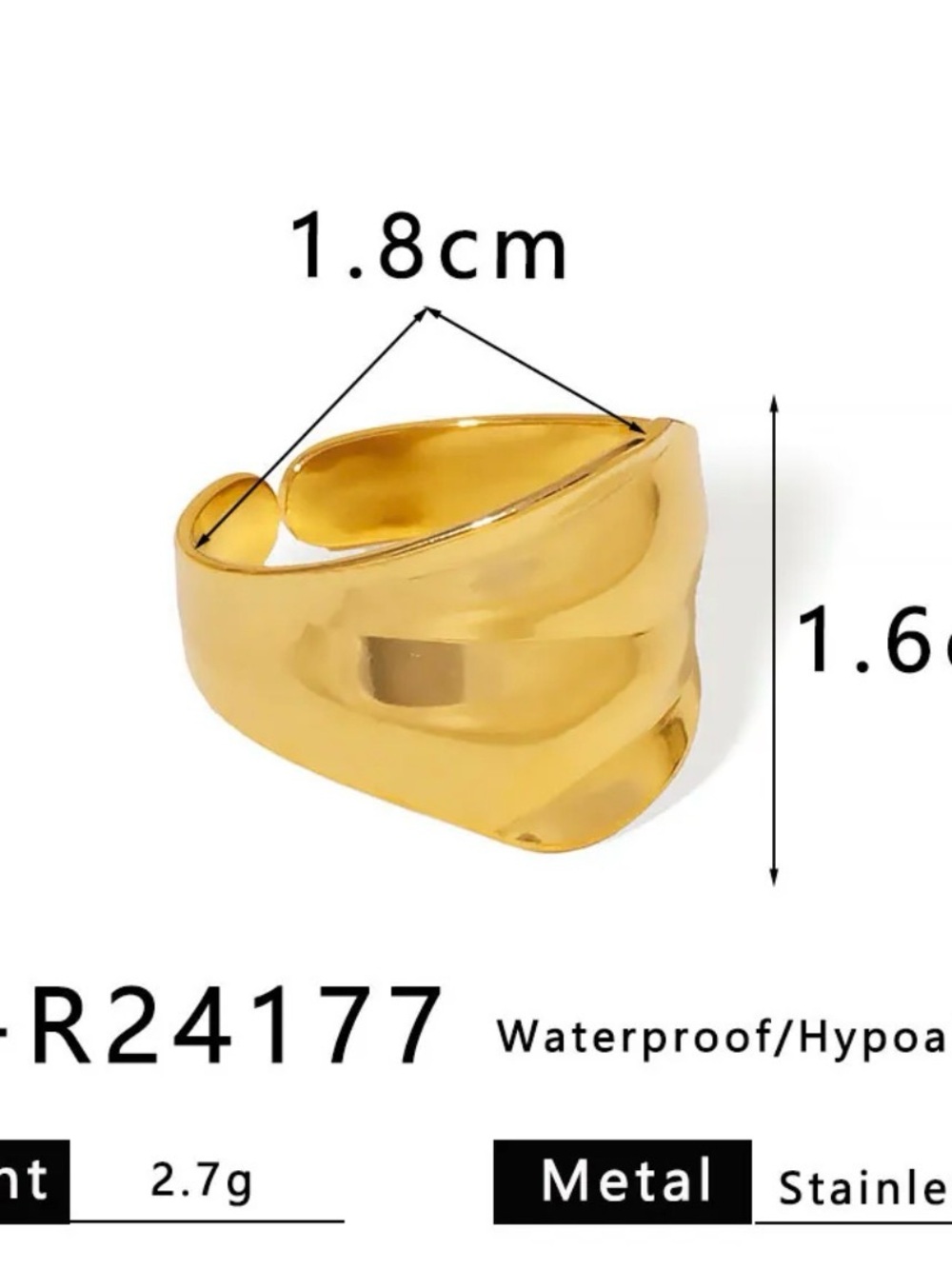 18k Gold plated Wide hammered Band Ring - Women Jewelry